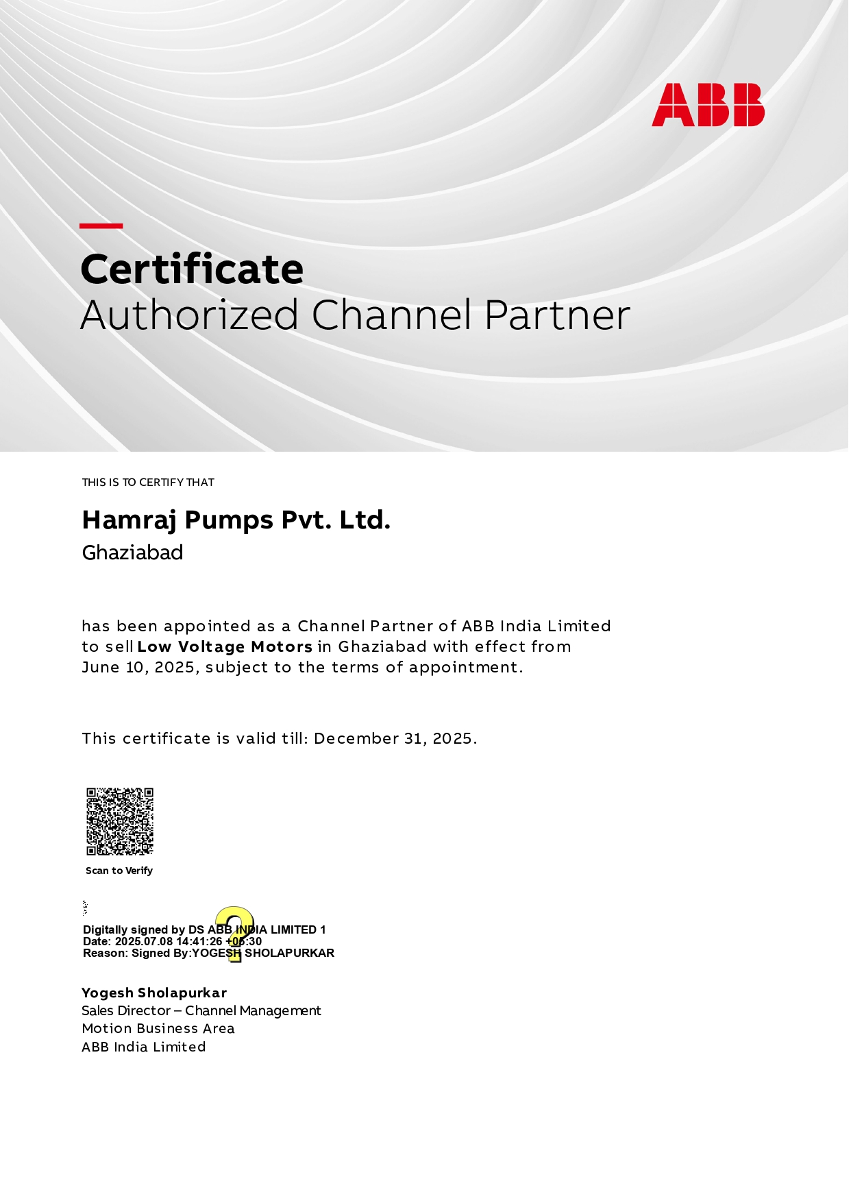 Hamraj Pumps Certificate